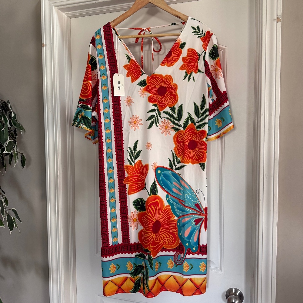 Ador Floral V-Neck Mini Dress Boho Butterfly Floral Print Size XL NWT